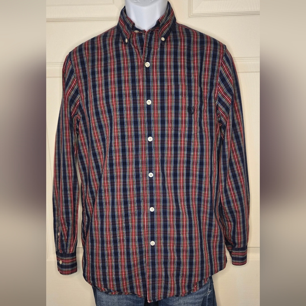 Chaps Mens Plaid Button-Down Shirt - Red and Blue